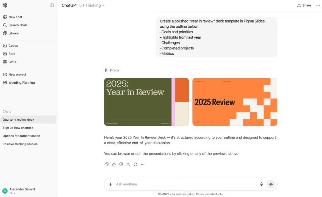 ChatGPT with Figma Slides year-in-review deck previews.