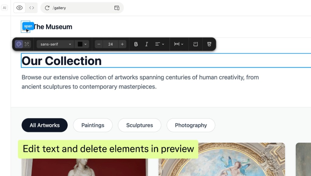 Figma Sites CMS preview mode with collection and artwork thumbnails.