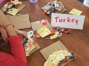 A “Turkey” destination label on the table as a student delivers her woven fabric.